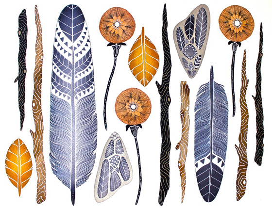 Feathers and stones painted by Marisa Redondo